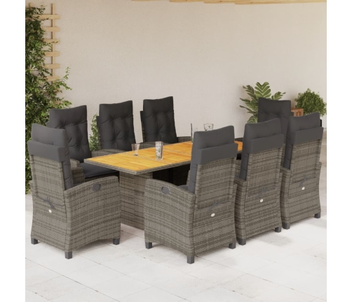 Set comedor jardín 9 pzas y cojines ratán sintético gris