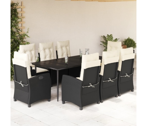 Set de comedor de jardín 9 pzas y cojines ratán sintético negro