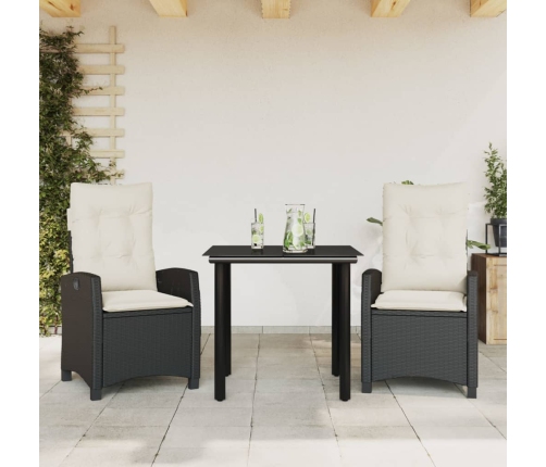 Set comedor de jardín 3 pzas con cojines ratán sintético negro