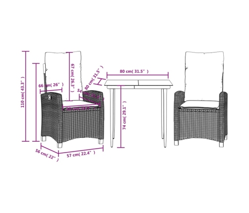 Set comedor de jardín 3 pzas con cojines ratán sintético negro