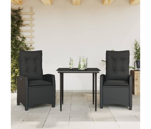 Set comedor de jardín 3 pzas con cojines ratán sintético negro