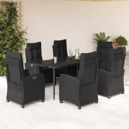 Set de comedor de jardín 7 pzas y cojines ratán sintético negro