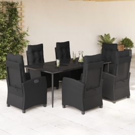Set de comedor de jardín 7 pzas y cojines ratán sintético negro
