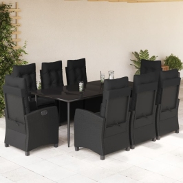 Set de comedor de jardín 9 pzas y cojines ratán sintético negro