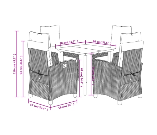 Set de muebles jardín 5 pzas con cojines ratán sintético negro