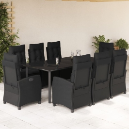 Set de comedor de jardín 9 pzas y cojines ratán sintético negro