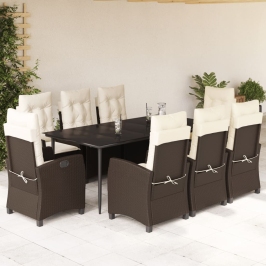Set comedor para jardín 9 pzas y cojines ratán sintético marrón