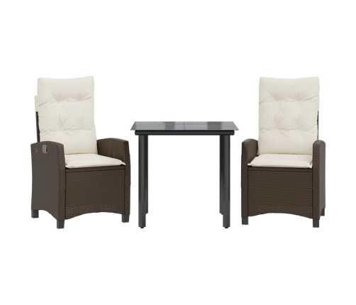 Set comedor de jardín 3 piezas y cojines ratán sintético marrón