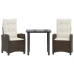 Set comedor de jardín 3 piezas y cojines ratán sintético marrón