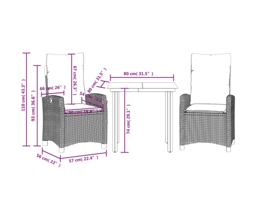 Set comedor de jardín 3 piezas y cojines ratán sintético marrón