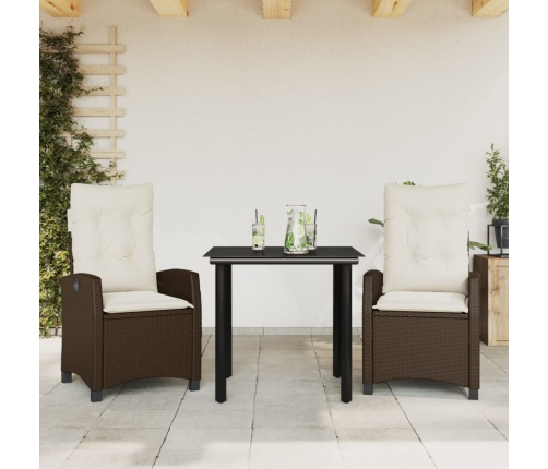 Set comedor de jardín 3 piezas y cojines ratán sintético marrón