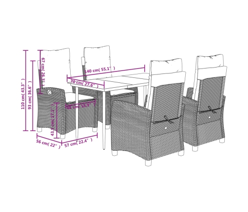 Set comedor de jardín 5 piezas con cojines ratán sintético gris