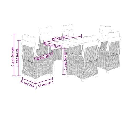 Set comedor jardín 7 pzas y cojines ratán sintético gris