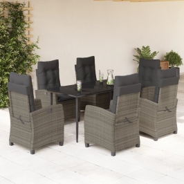 Set comedor jardín 7 pzas y cojines ratán sintético gris