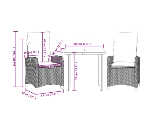 Set comedor de jardín 3 piezas con cojines ratán sintético gris