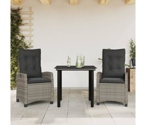 Set comedor de jardín 3 piezas con cojines ratán sintético gris