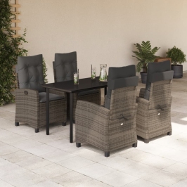 Set comedor de jardín 5 piezas con cojines ratán sintético gris
