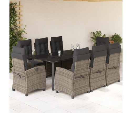 Set comedor jardín 9 pzas y cojines ratán sintético gris