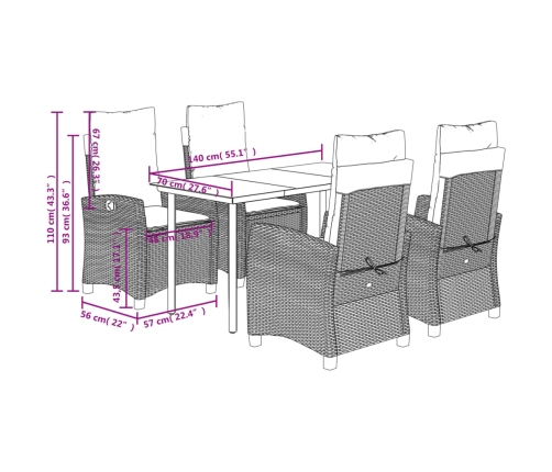 Set comedor de jardín 5 pzas cojines ratán sintético gris claro