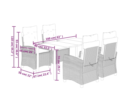 Set comedor de jardín 5 pzas cojines ratán sintético gris claro