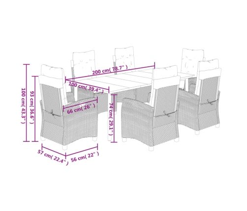 Set comedor jardín 7 pzas y cojines ratán sintético gris claro