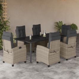 Set comedor jardín 7 pzas y cojines ratán sintético gris claro