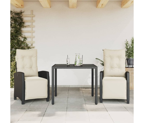 Set comedor de jardín 3 pzas con cojines ratán sintético negro