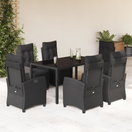 Set de comedor de jardín 7 pzas y cojines ratán sintético negro