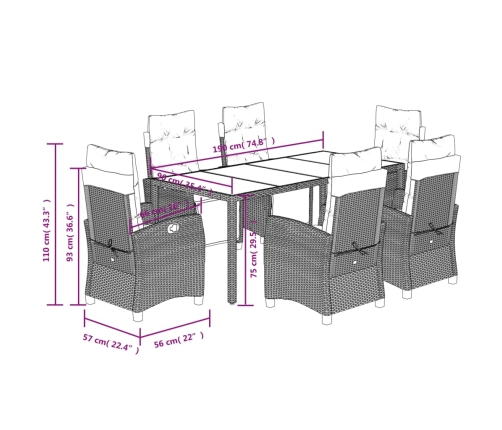 Set de comedor de jardín 7 pzas y cojines ratán sintético negro