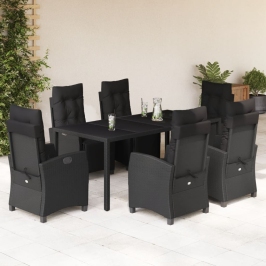 Set de comedor de jardín 7 pzas y cojines ratán sintético negro