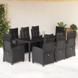 Set de comedor de jardín 9 pzas y cojines ratán sintético negro