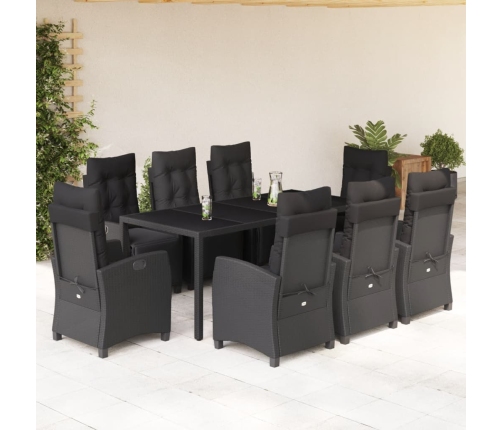 Set de comedor de jardín 9 pzas y cojines ratán sintético negro