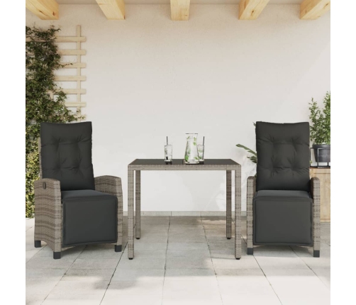 Set comedor de jardín 3 piezas con cojines ratán sintético gris
