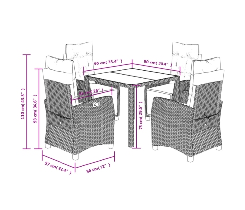 Set comedor de jardín 5 piezas con cojines ratán sintético gris