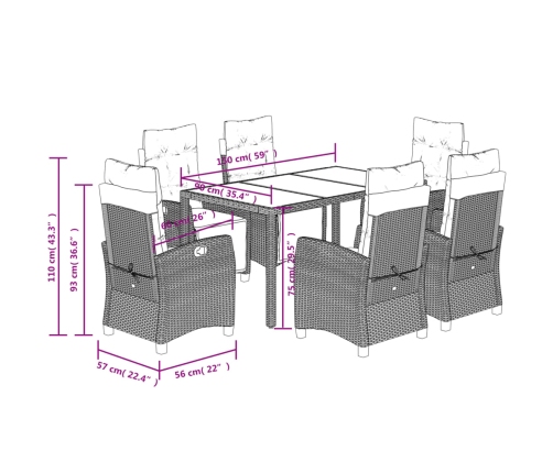 Set comedor jardín 7 pzas y cojines ratán sintético gris