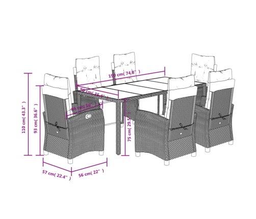 Set comedor jardín 7 pzas y cojines ratán sintético gris