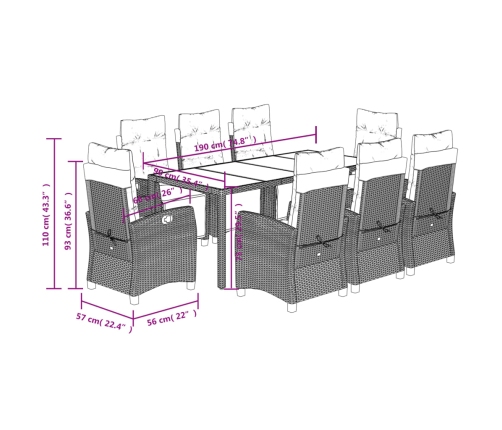 Set comedor jardín 9 pzas y cojines ratán sintético gris