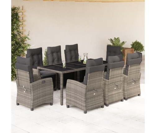 Set comedor jardín 9 pzas y cojines ratán sintético gris