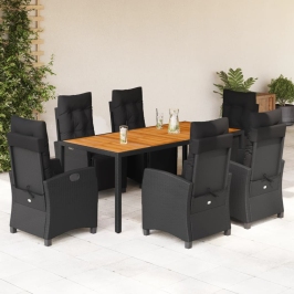 Set de comedor de jardín 7 pzas y cojines ratán sintético negro