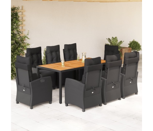 Set de comedor de jardín 9 pzas y cojines ratán sintético negro