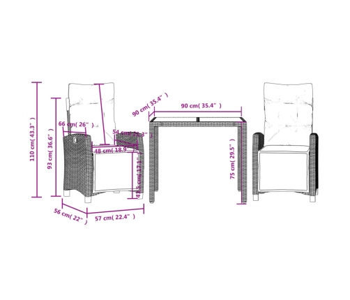 Set comedor de jardín 3 piezas con cojines ratán sintético gris