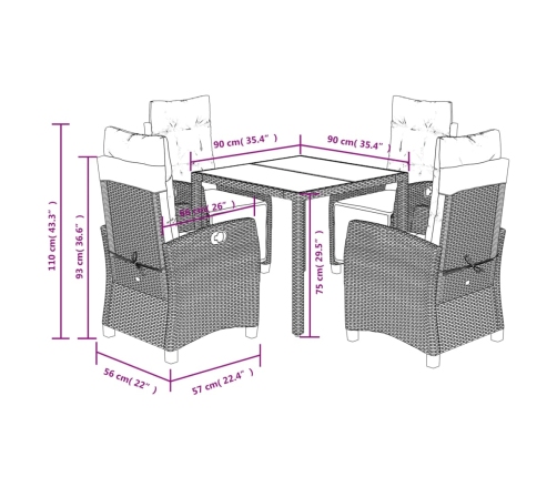 Set comedor de jardín 5 piezas con cojines ratán sintético gris