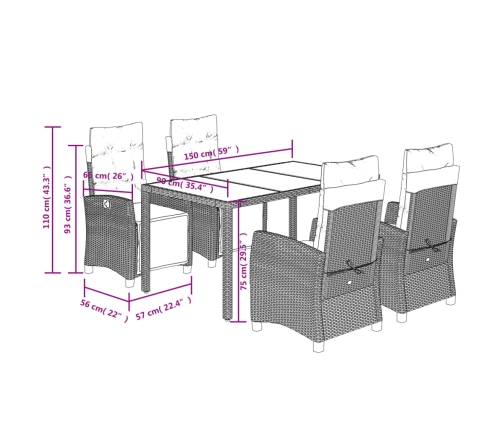 Set comedor de jardín 5 piezas con cojines ratán sintético gris