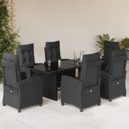 Set de comedor de jardín 7 pzas y cojines ratán sintético negro