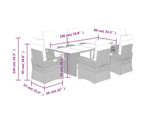 Set comedor jardín 7 pzas y cojines ratán sintético gris