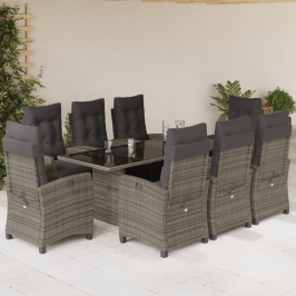 Set comedor jardín 9 pzas y cojines ratán sintético gris