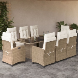Set comedor de jardín 9 pzas con cojines ratán sintético beige