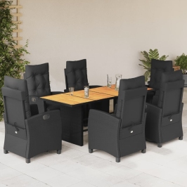 Set de comedor de jardín 7 pzas y cojines ratán sintético negro