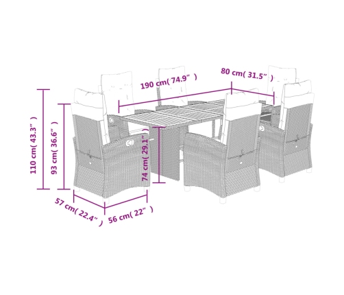 Set comedor jardín 7 pzas y cojines ratán sintético gris