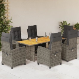 Set comedor jardín 7 pzas y cojines ratán sintético gris